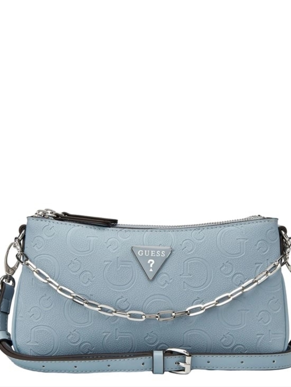 GUESS Light Blue Embossed Logo Chain Crossbody Bag